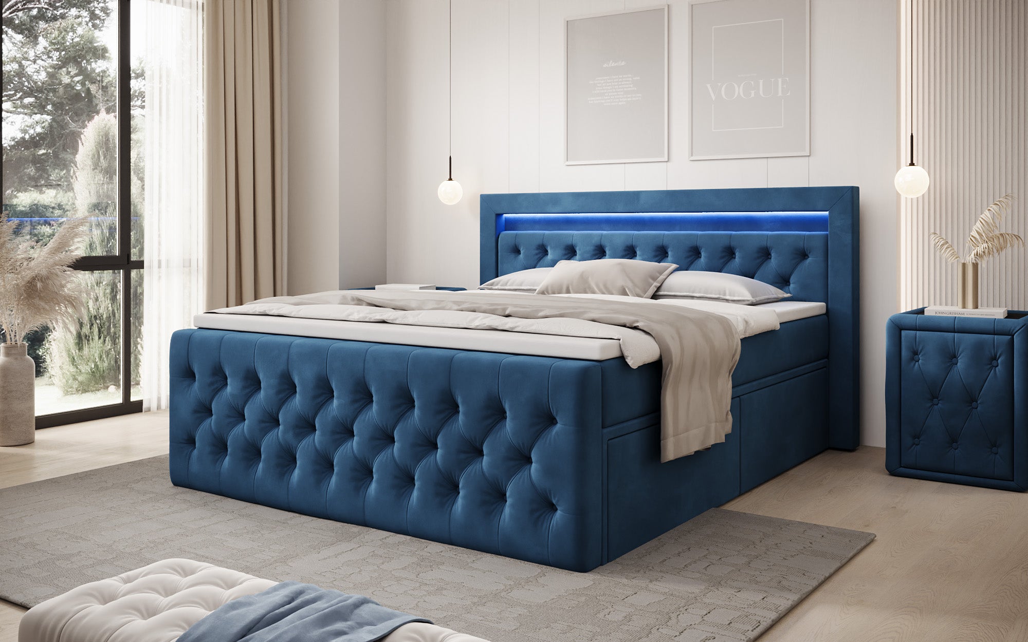 Lit boxspring Menzogna Velours avec LED et espace de rangement (2 tiroirs)