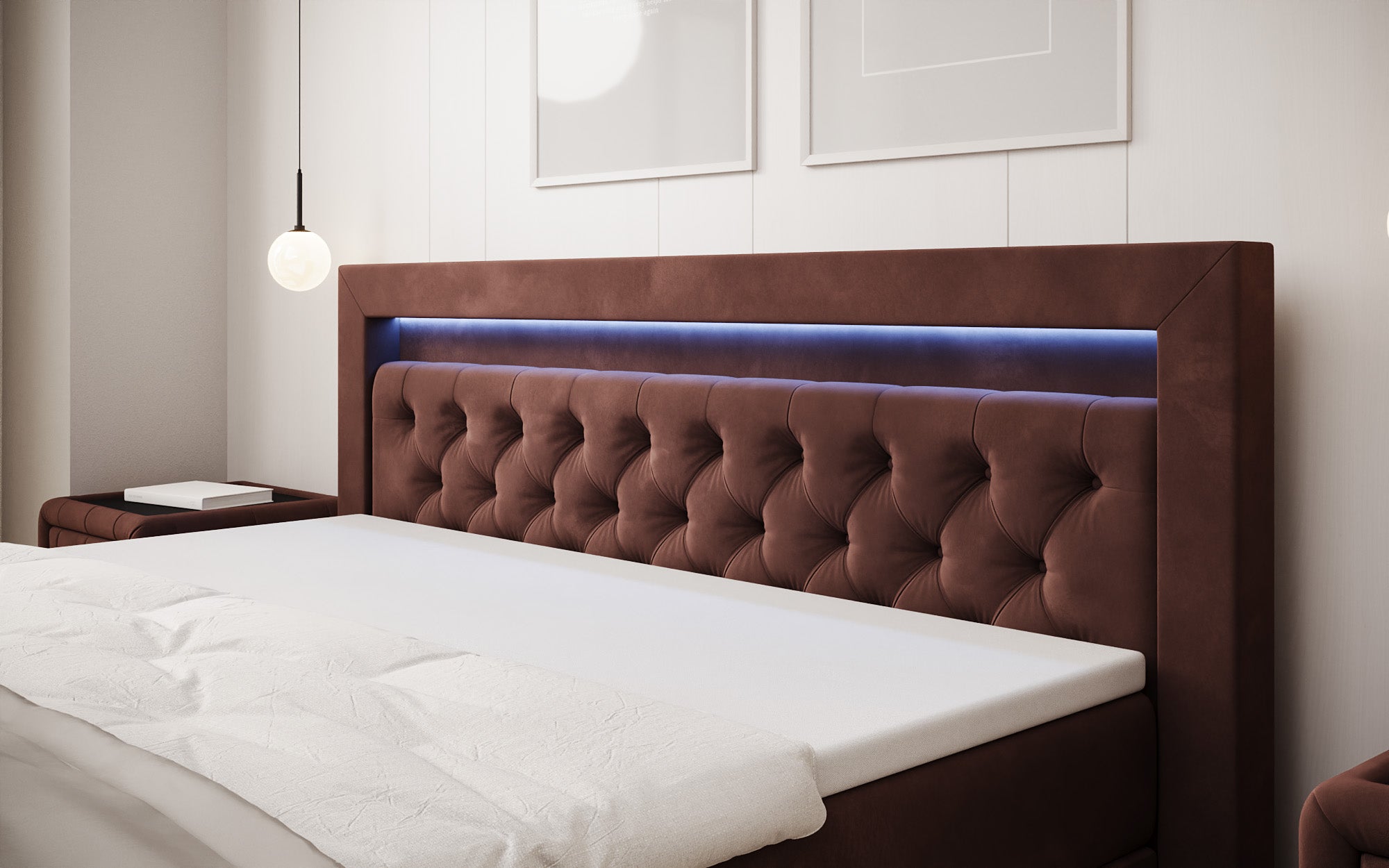 Lit boxspring Menzogna Velours avec LED et espace de rangement (2 tiroirs)