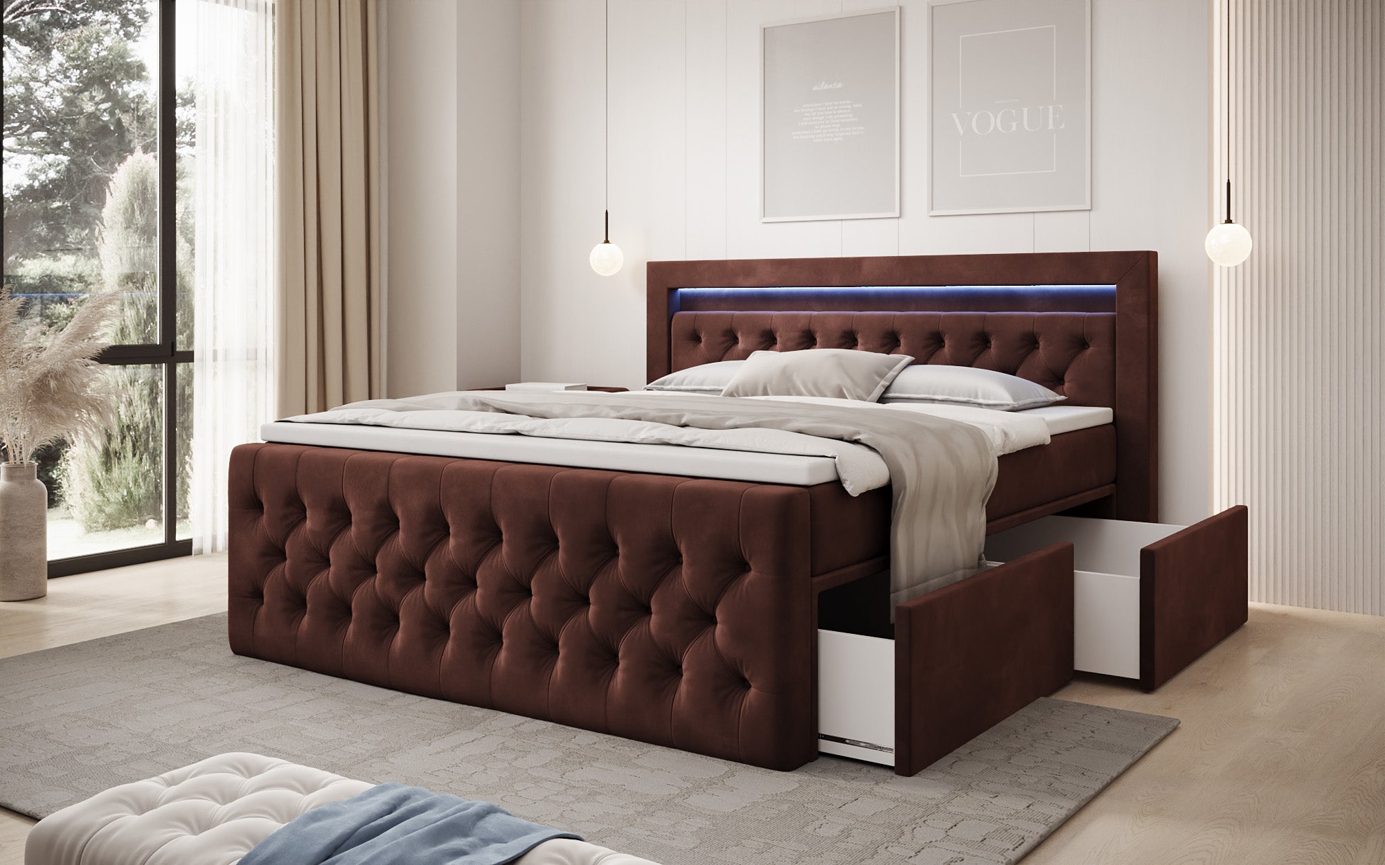 Lit boxspring Menzogna Velours avec LED et espace de rangement (2 tiroirs)