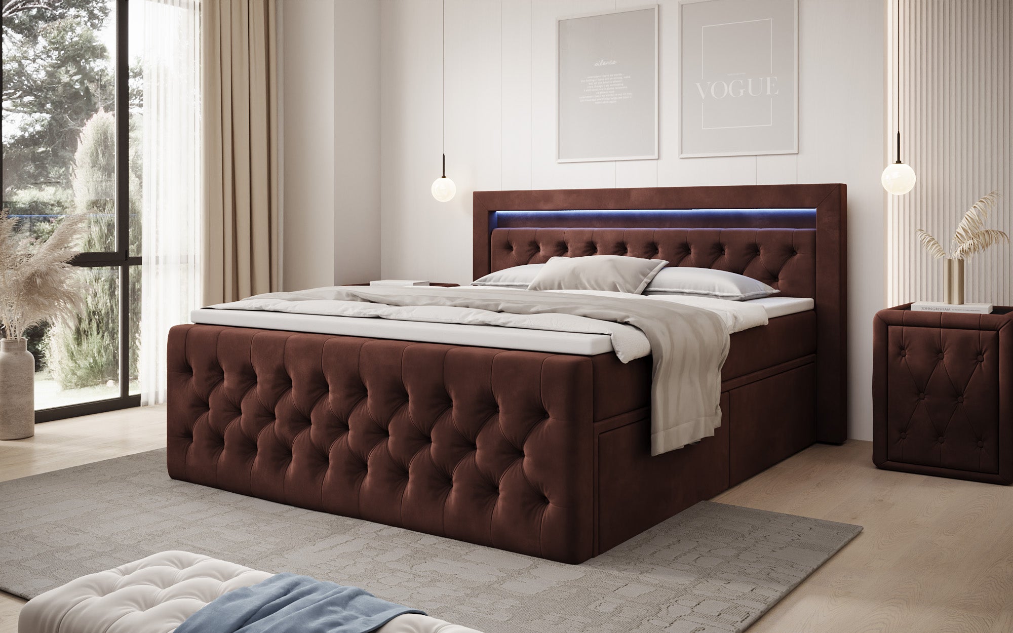 Lit boxspring Menzogna Velours avec LED et espace de rangement (2 tiroirs)