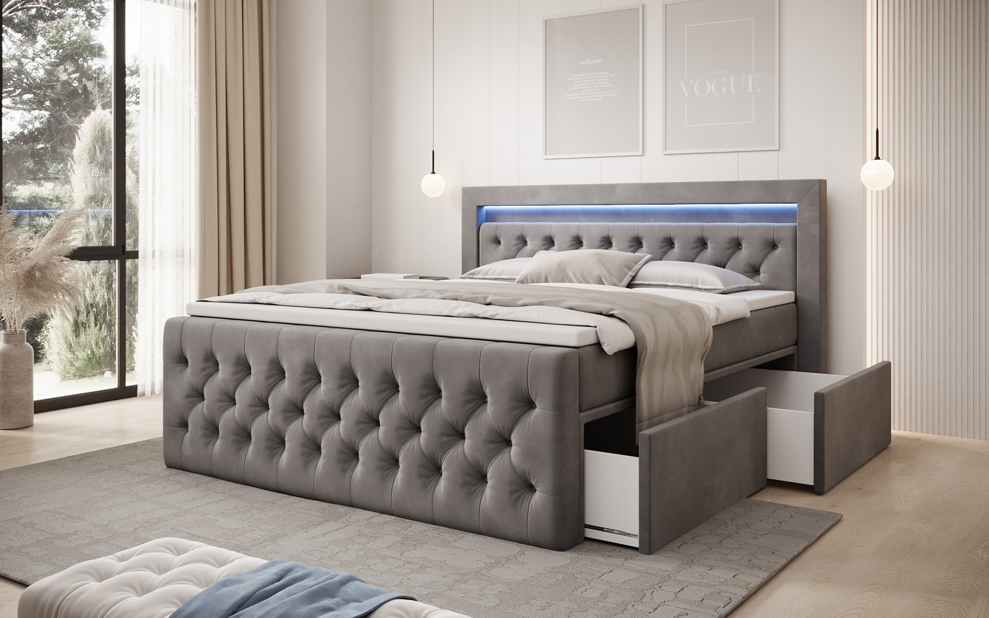 Lit boxspring Menzogna Velours avec LED et espace de rangement (2 tiroirs)