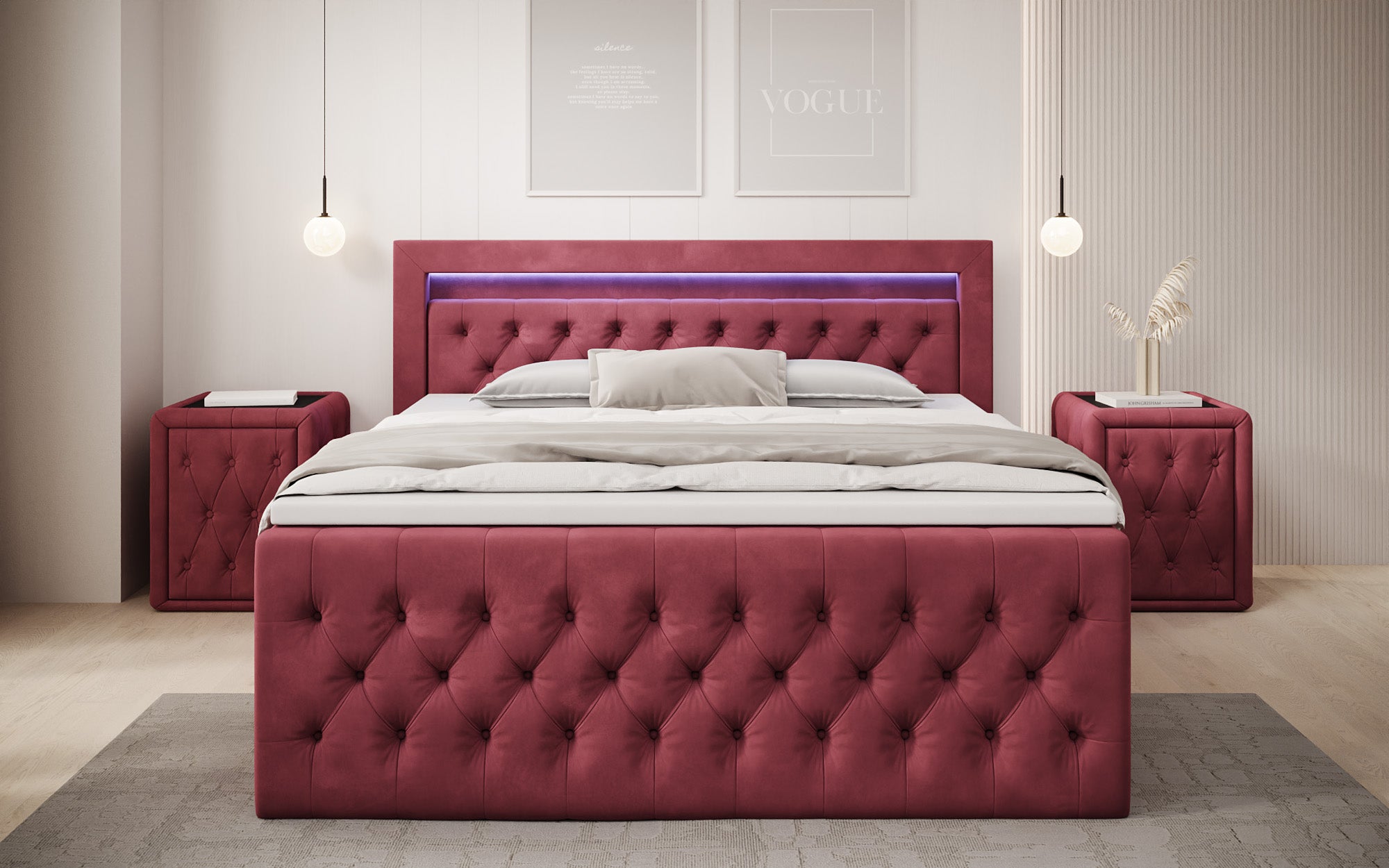 Lit boxspring Menzogna Velours avec LED et espace de rangement (2 tiroirs)
