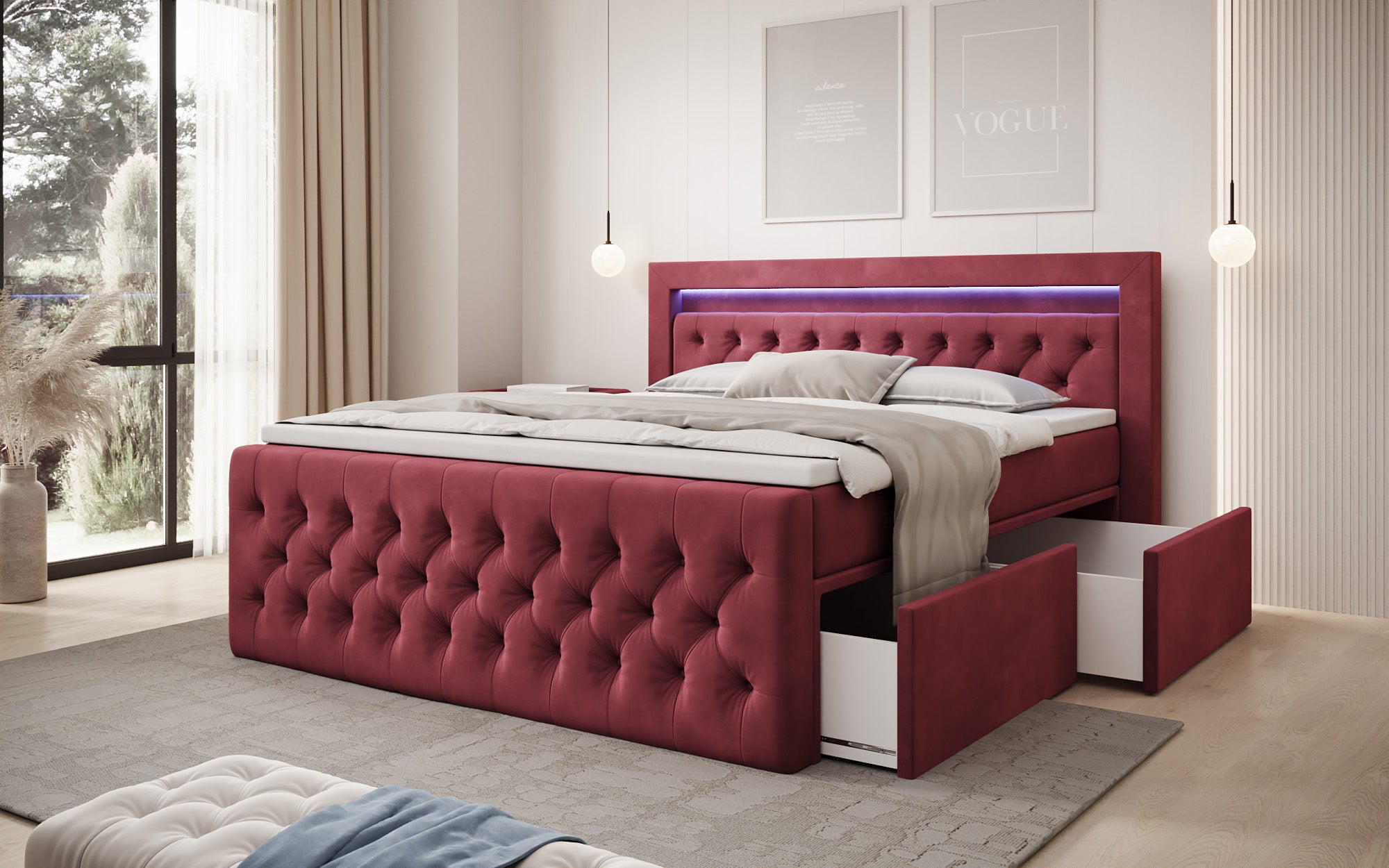 Lit boxspring Menzogna Velours avec LED et espace de rangement (2 tiroirs)