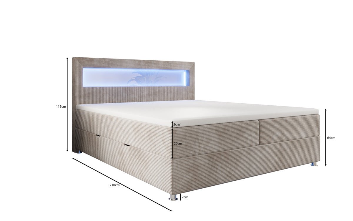 Lit boxspring Relax avec LED, espace de rangement et USB/C en Côtelé