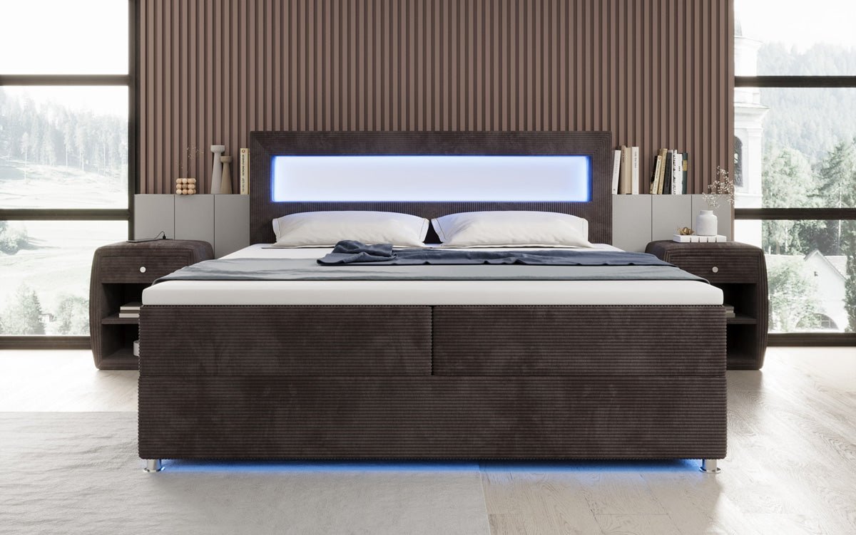 Lit boxspring Relax avec LED, espace de rangement et USB/C en Côtelé