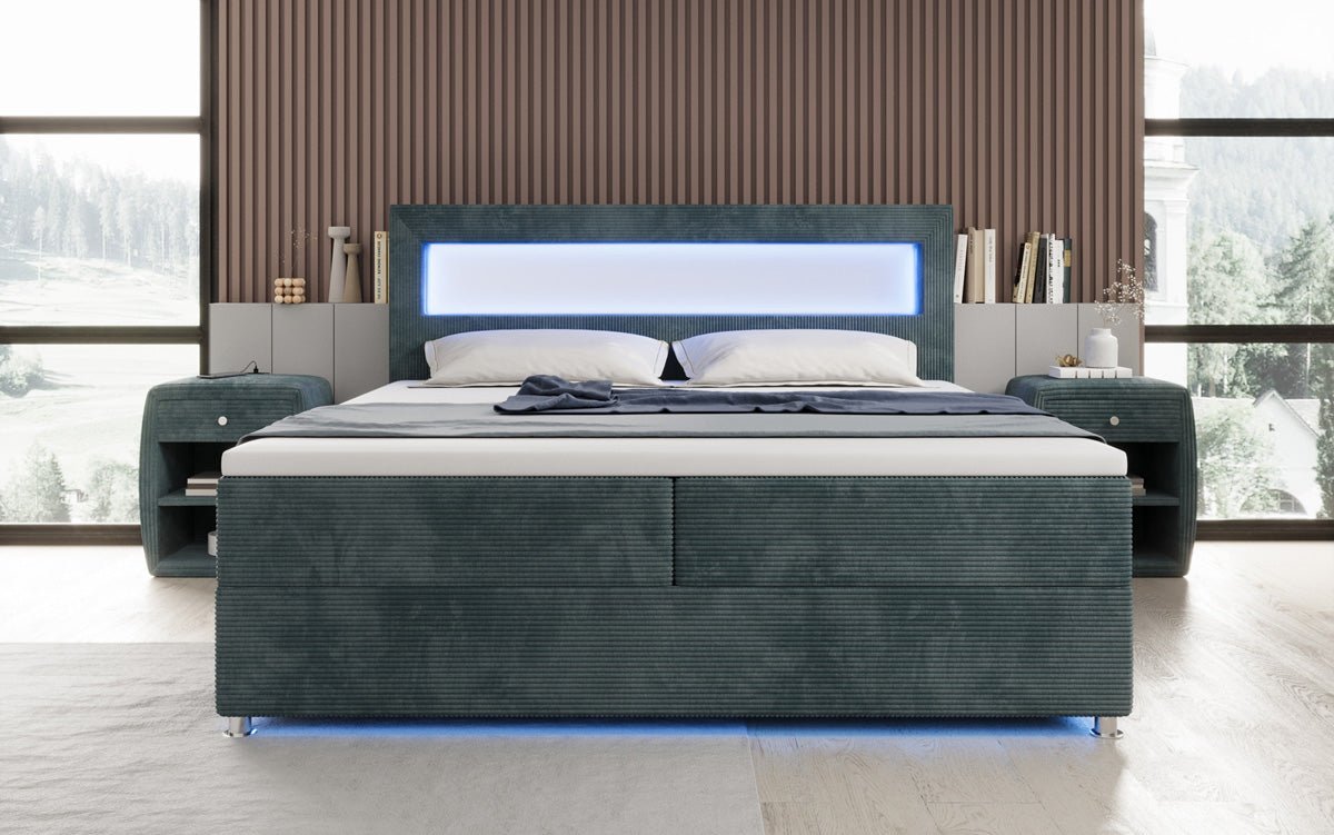 Lit boxspring Relax avec LED, espace de rangement et USB/C en Côtelé