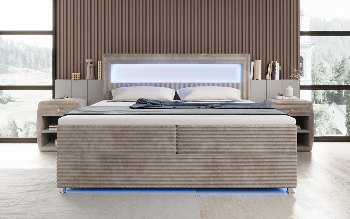 Lit boxspring Relax avec LED, espace de rangement et USB/C en Côtelé