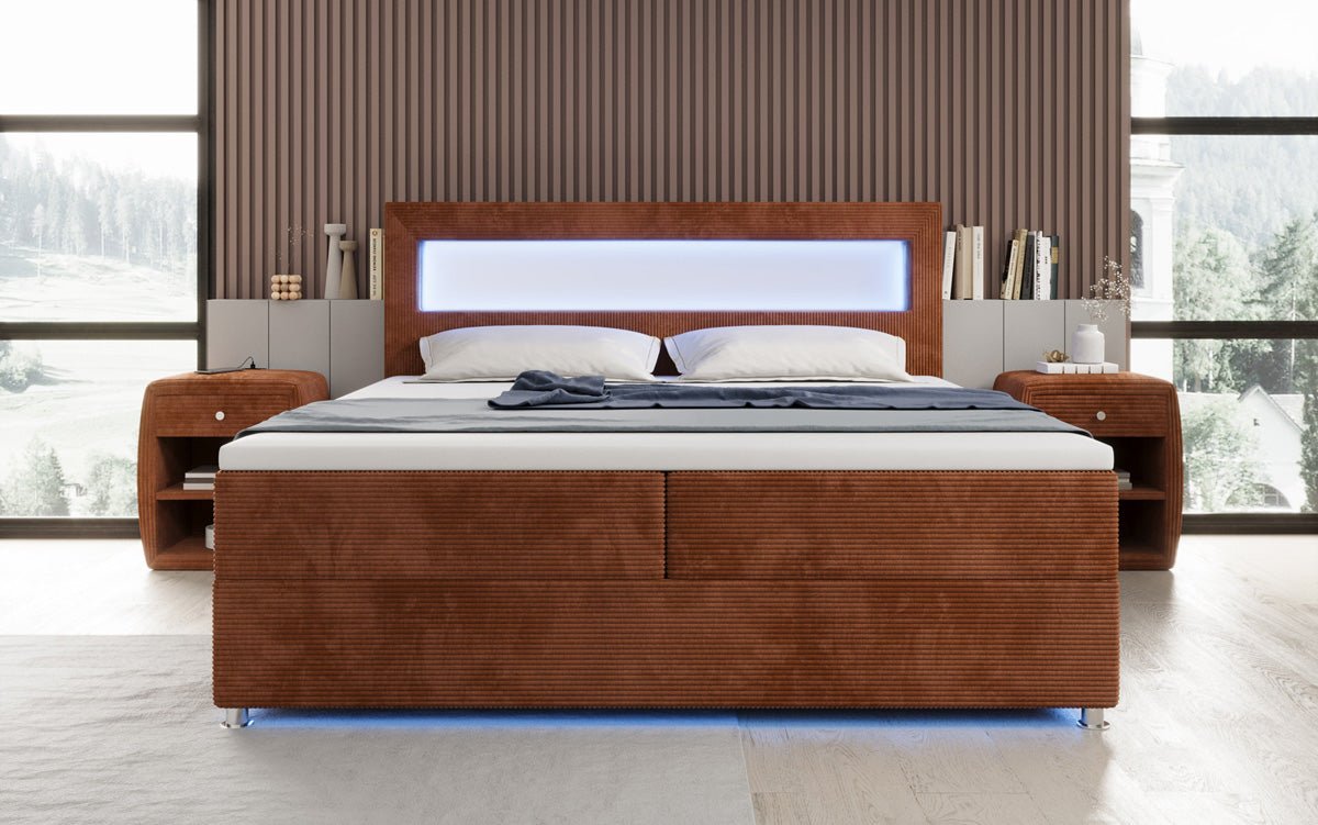 Lit boxspring Relax avec LED, espace de rangement et USB/C en Côtelé