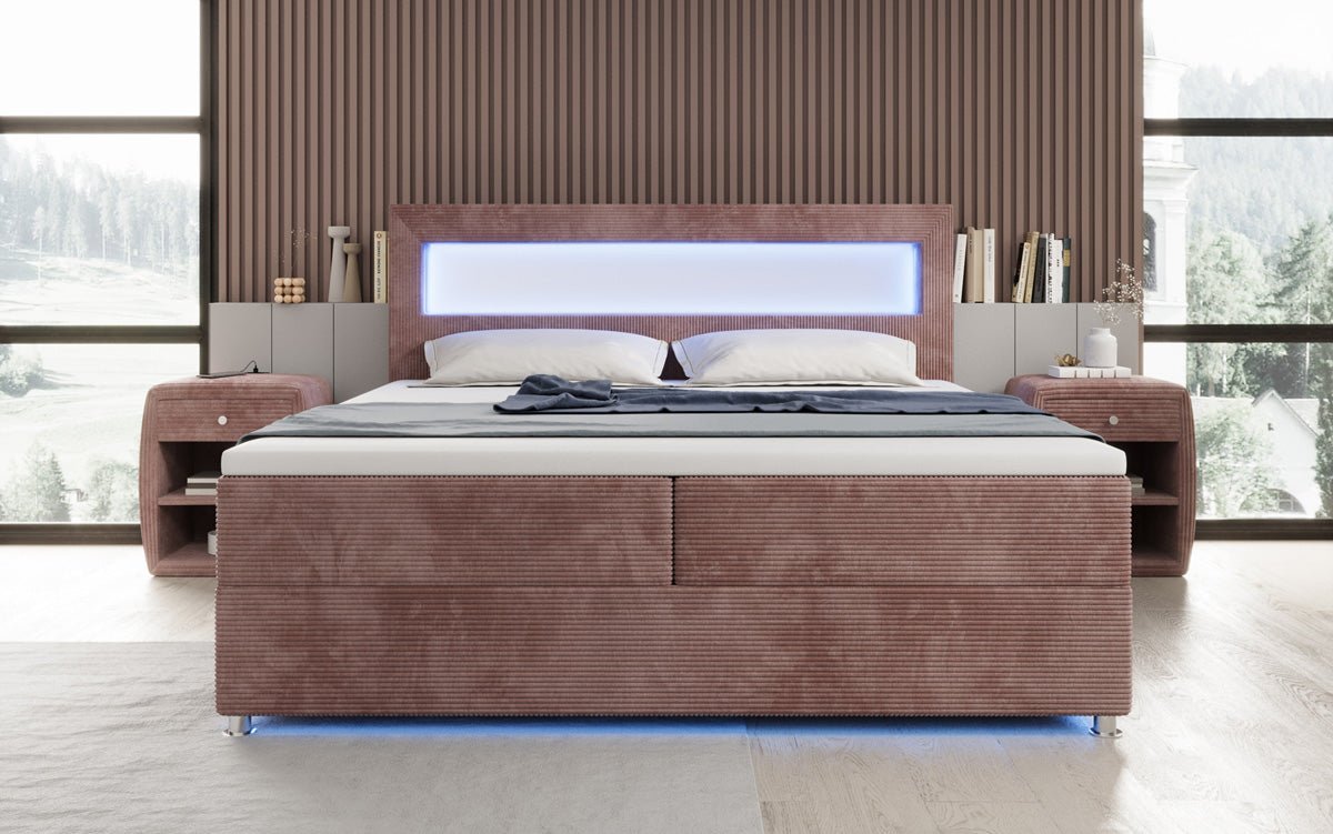 Lit boxspring Relax avec LED, espace de rangement et USB/C en Côtelé