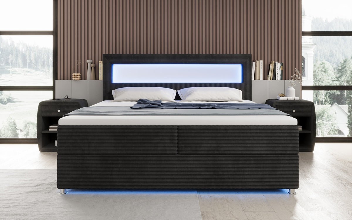 Lit boxspring Relax avec LED, espace de rangement et USB/C en Côtelé
