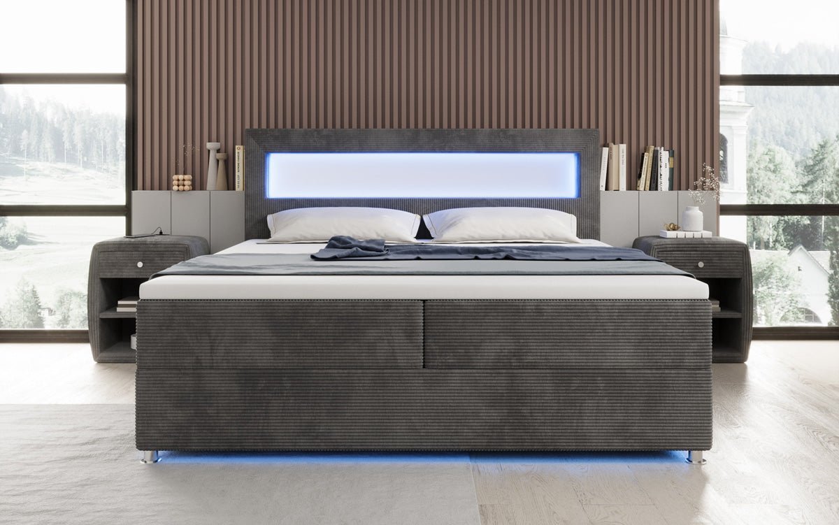 Lit boxspring Relax avec LED, espace de rangement et USB/C en Côtelé