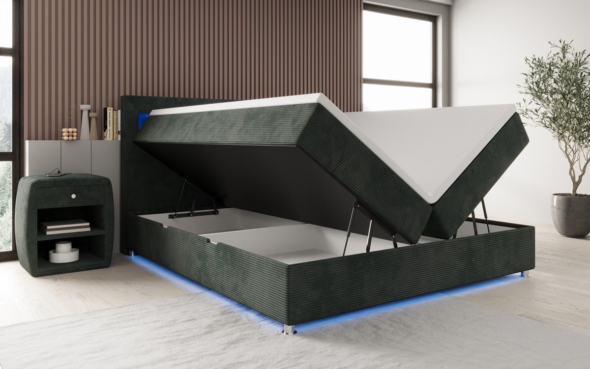 Lit boxspring Relax avec LED, espace de rangement et USB/C en Côtelé