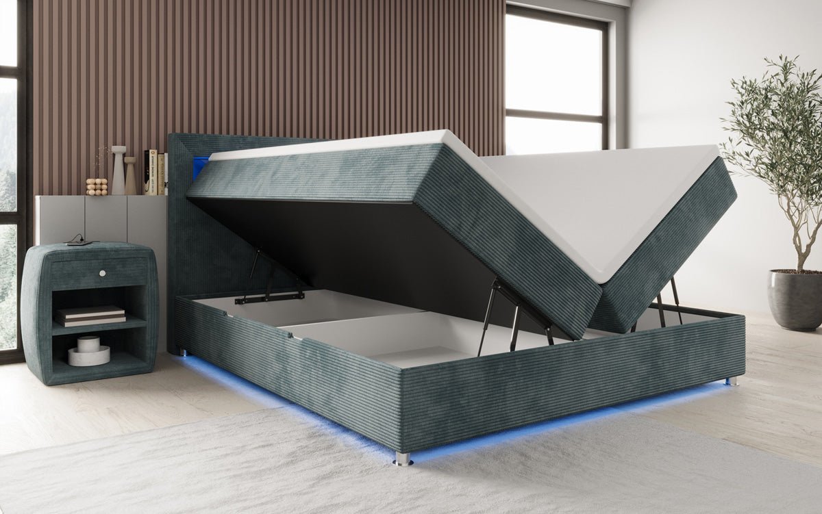 Lit boxspring Relax avec LED, espace de rangement et USB/C en Côtelé