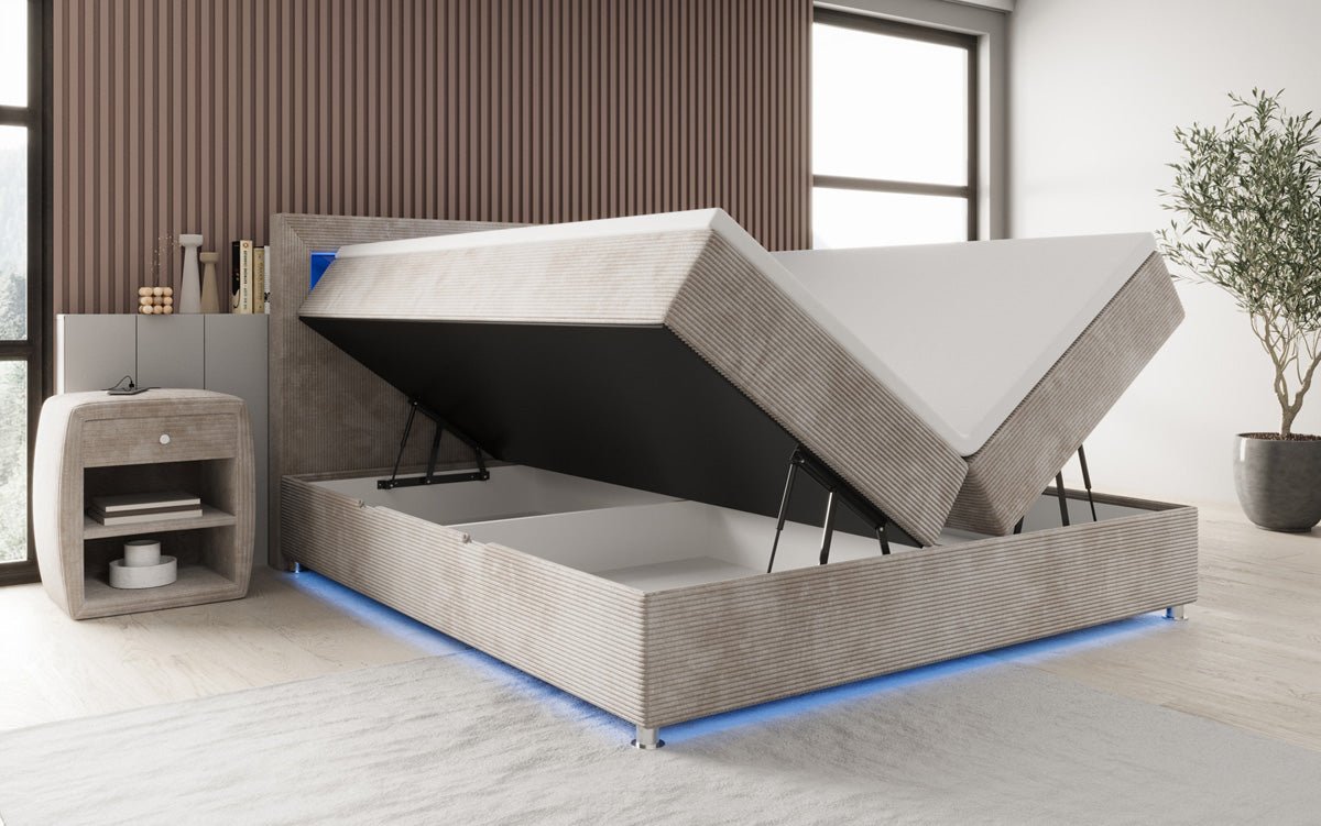 Lit boxspring Relax avec LED, espace de rangement et USB/C en Côtelé