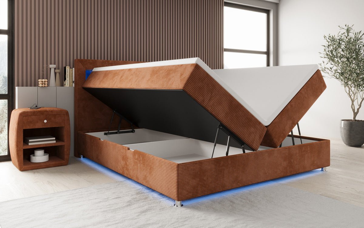Lit boxspring Relax avec LED, espace de rangement et USB/C en Côtelé