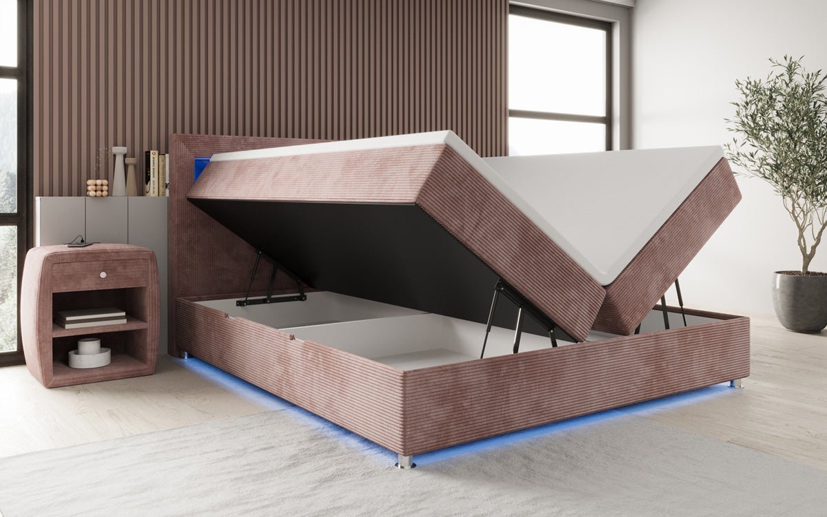 Lit boxspring Relax avec LED, espace de rangement et USB/C en Côtelé