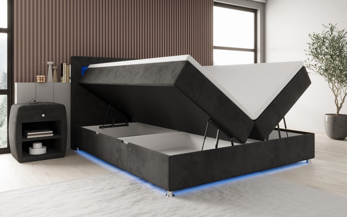 Lit boxspring Relax avec LED, espace de rangement et USB/C en Côtelé