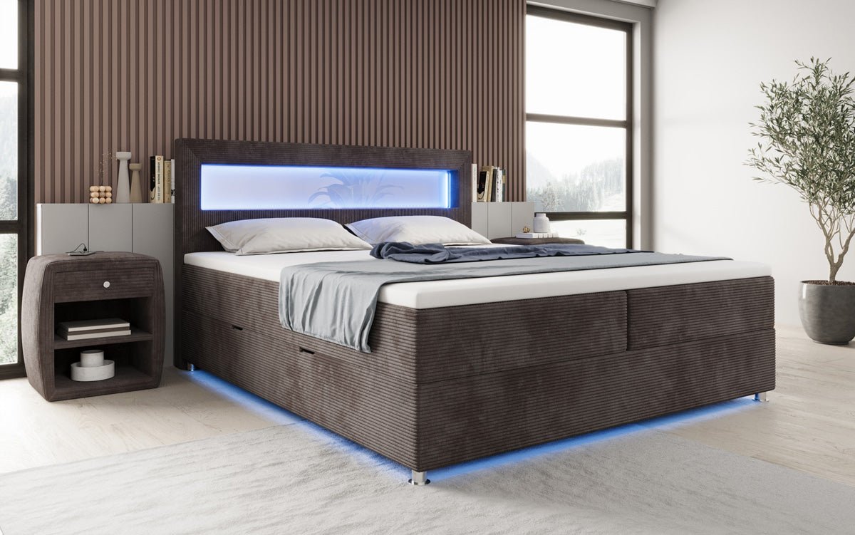 Lit boxspring Relax avec LED, espace de rangement et USB/C en Côtelé