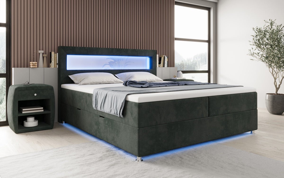 Lit boxspring Relax avec LED, espace de rangement et USB/C en Côtelé