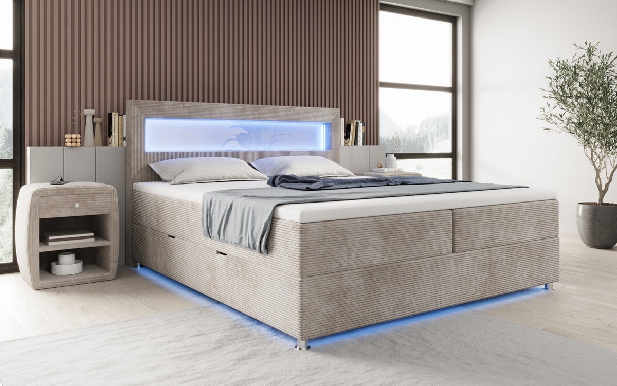Lit boxspring Relax avec LED, espace de rangement et USB/C en Côtelé