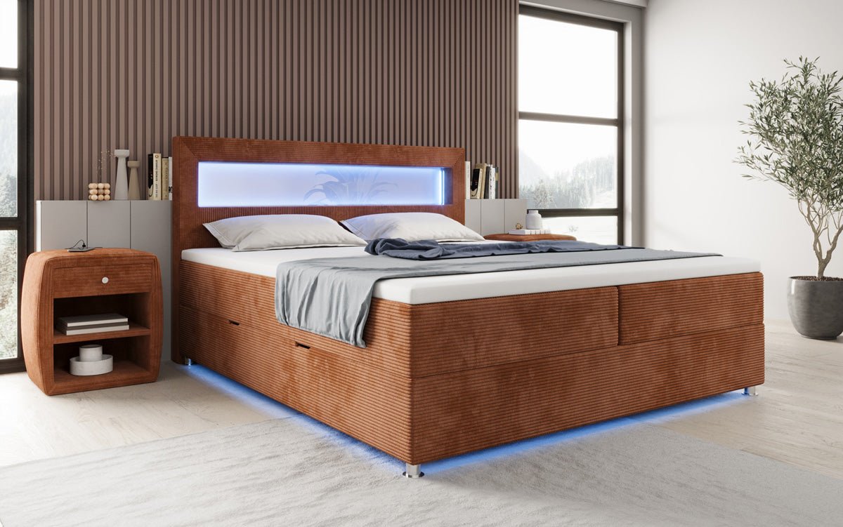 Lit boxspring Relax avec LED, espace de rangement et USB/C en Côtelé