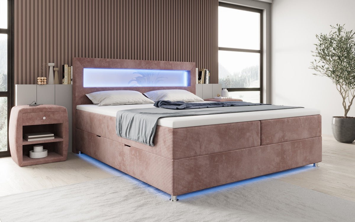 Lit boxspring Relax avec LED, espace de rangement et USB/C en Côtelé