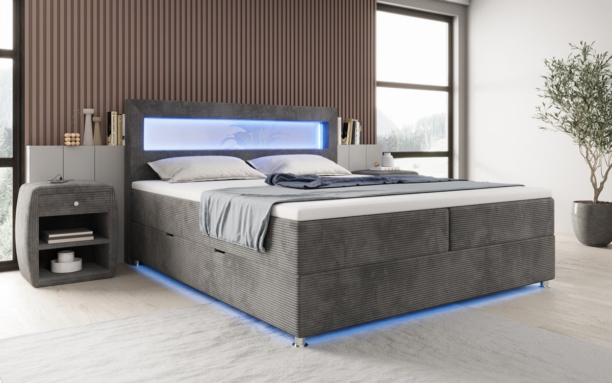 Lit boxspring Relax avec LED, espace de rangement et USB/C en Côtelé
