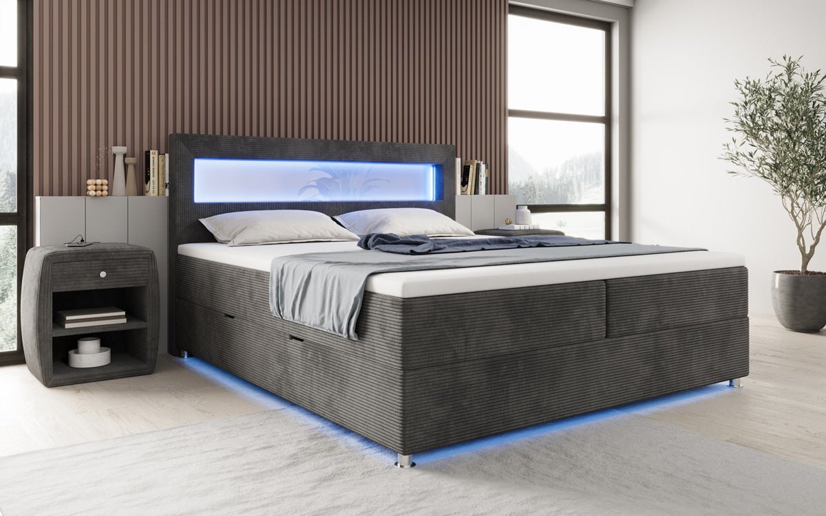 Lit boxspring Relax avec LED, espace de rangement et USB/C en Côtelé