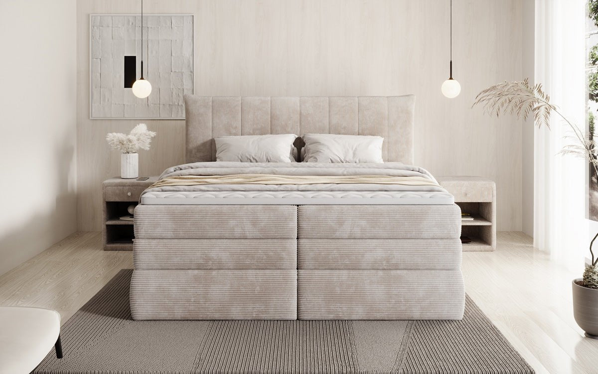 Lit boxspring Stella avec rangement en Côtelé