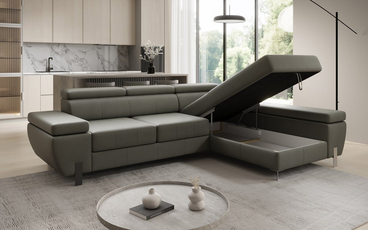 Designer L Sofa Calista with Sleeping Function and Storage in Genuine Leather