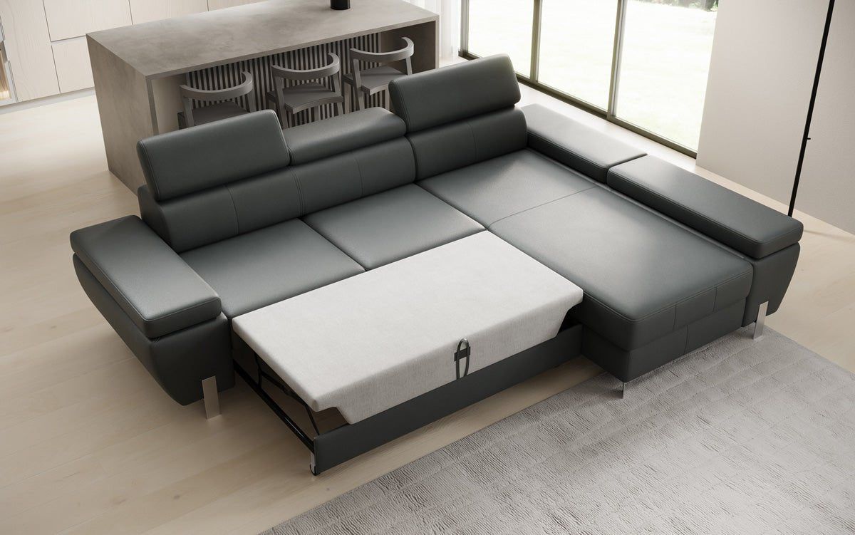 Designer L Sofa Calista with Sleeping Function and Storage in Genuine Leather