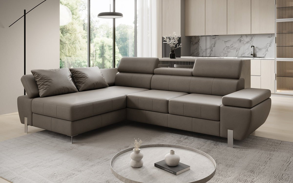 Designer L Sofa Calista with Sleeping Function and Storage in Genuine Leather