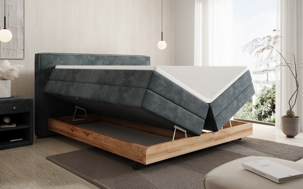 Holzbett/Boxspringbett Nero mat Späicherplaz a Cordstoff