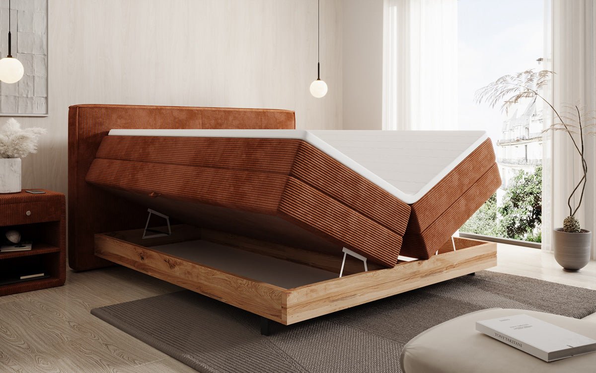 Holzbett/Boxspringbett Nero mat Späicherplaz a Cordstoff