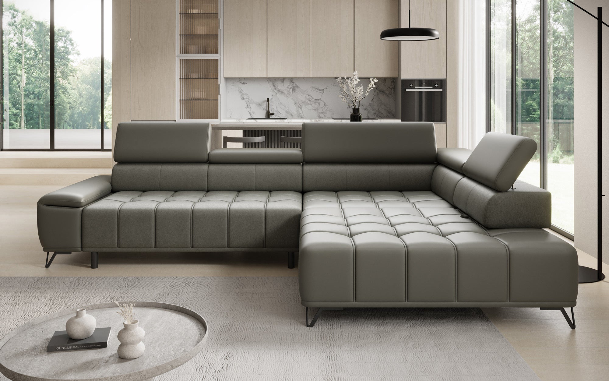 Designer L Sofa Selora with electric sleeping function and adjustable backrest in genuine leather