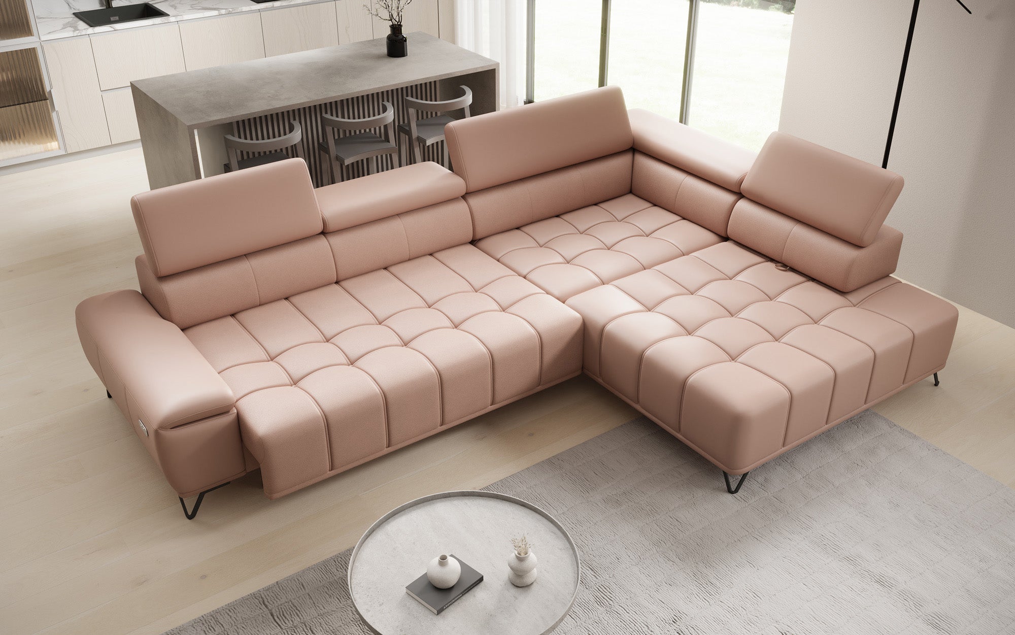 Designer L Sofa Selora with electric sleeping function and adjustable backrest in genuine leather