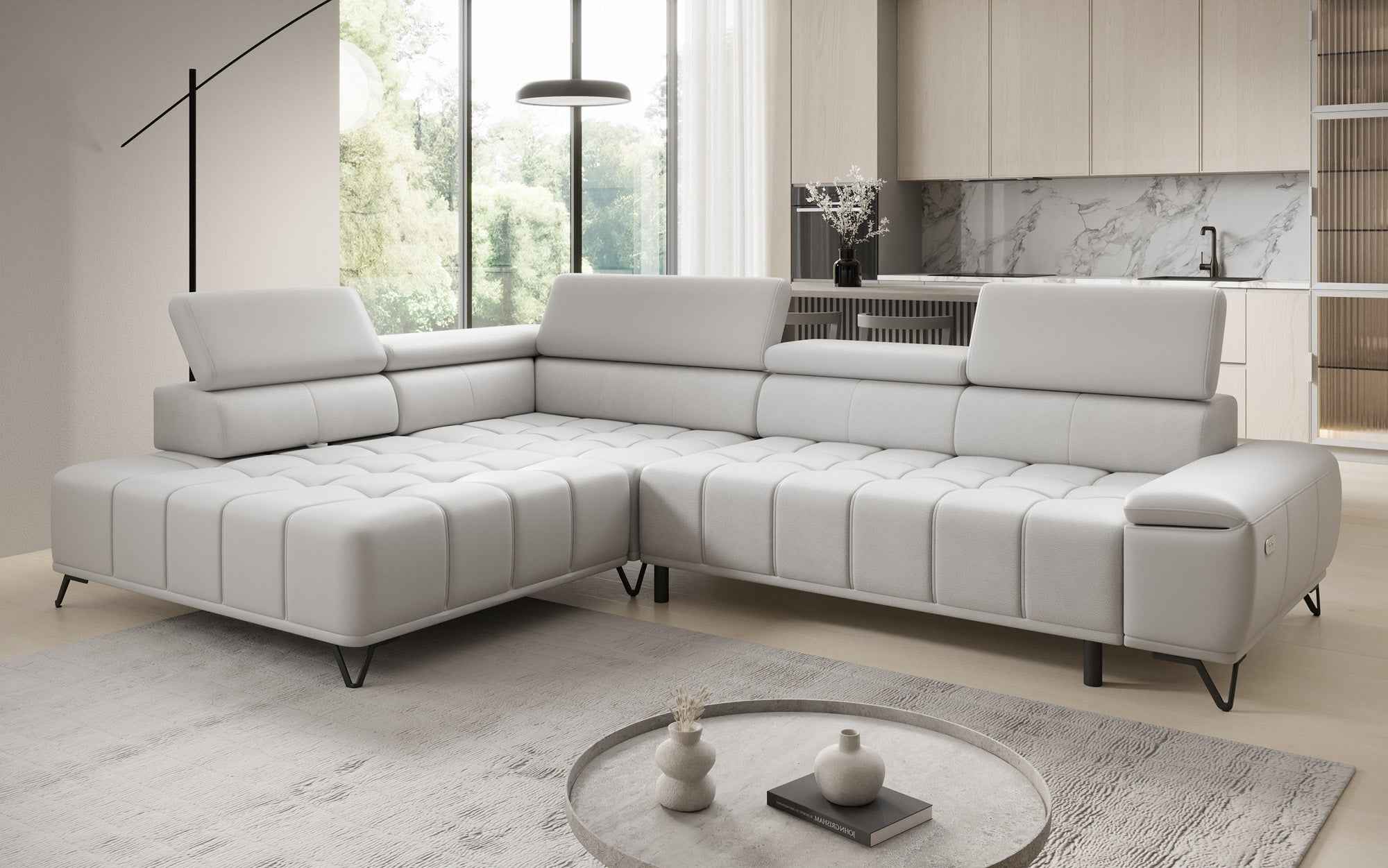 Designer L Sofa Selora with electric sleeping function and adjustable backrest in genuine leather