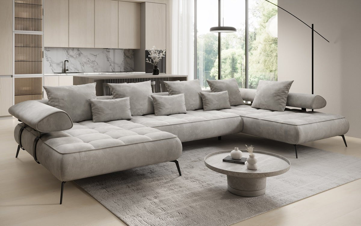 Designer U Sofa Sydney Samt mat elektrescher Schloffunktioun