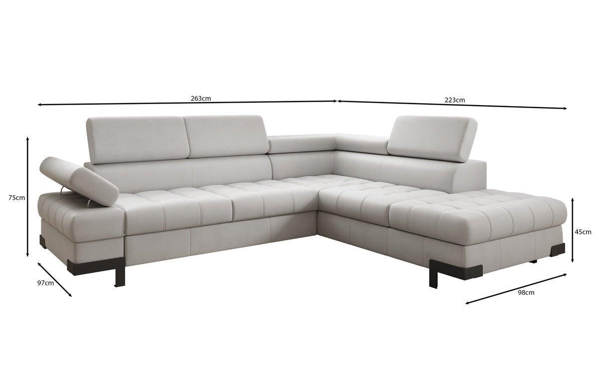 Designer L Sofa Noelia mat Schloffunktioun an Stauraum an Echtläder