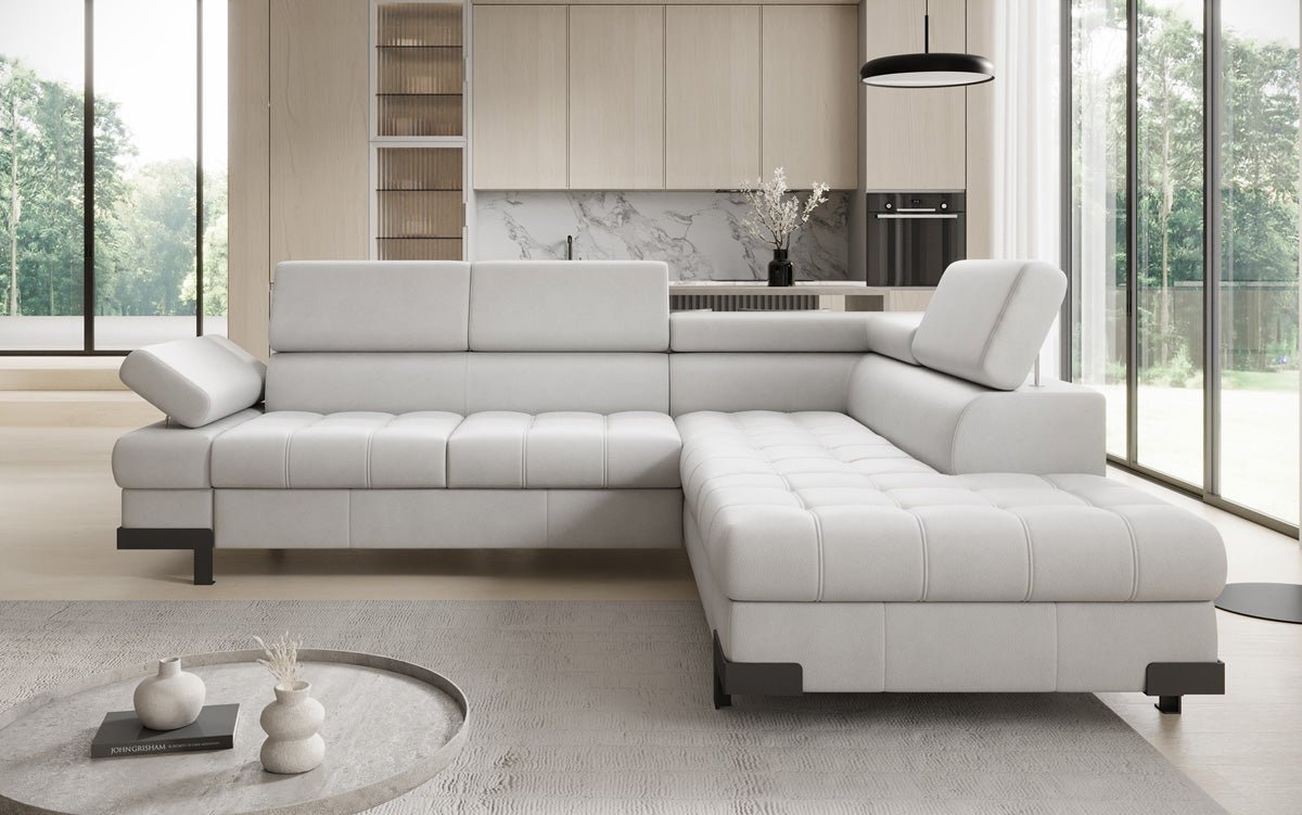 Designer L Sofa Noelia mat Schloffunktioun an Stauraum an Echtläder