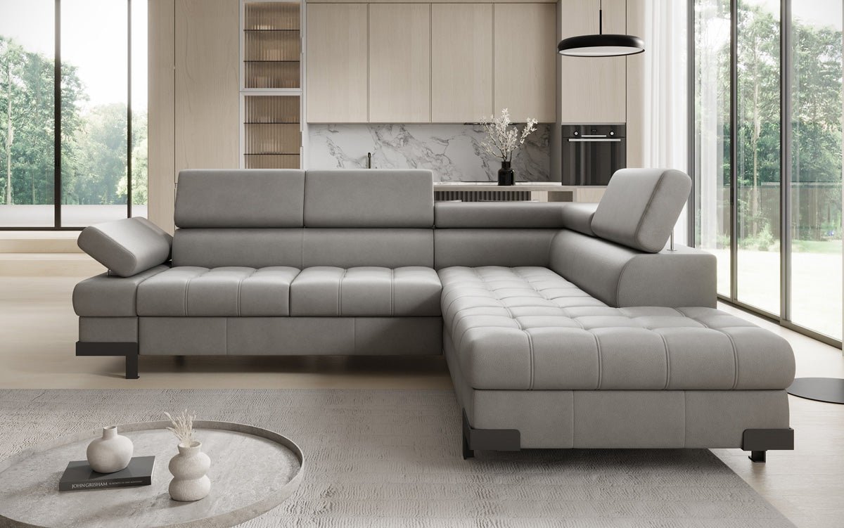 Designer L Sofa Noelia mat Schloffunktioun an Stauraum an Echtläder