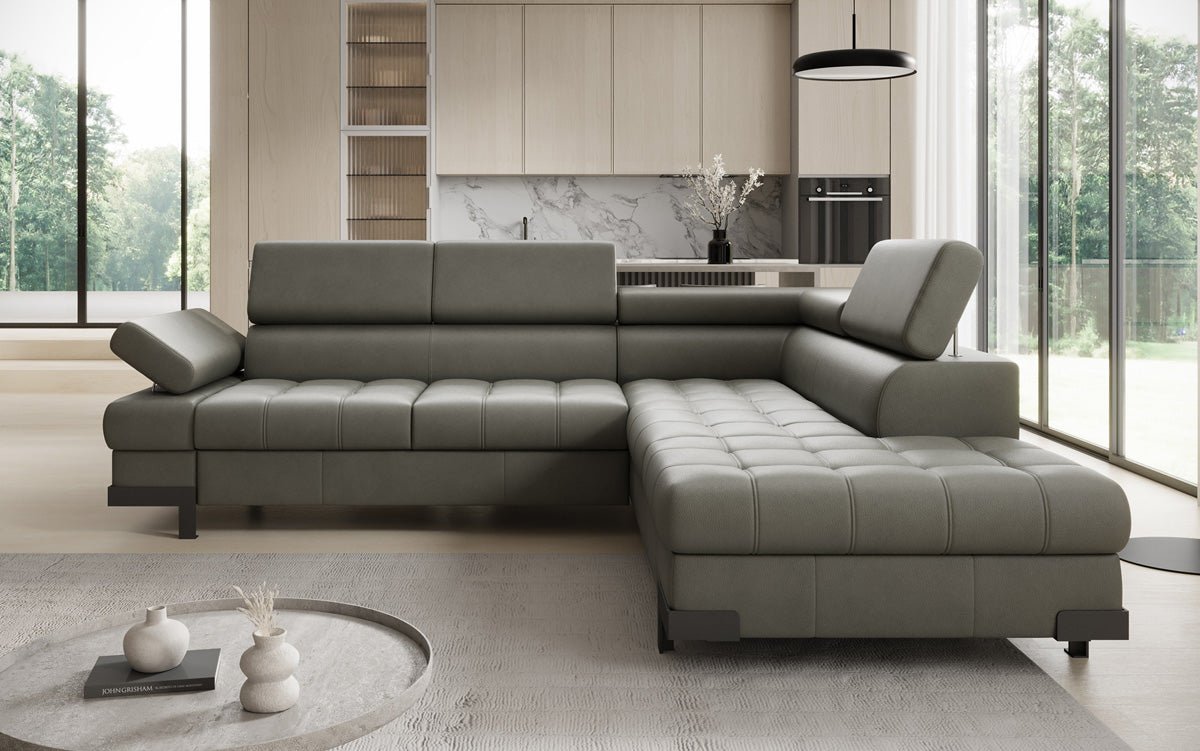 Designer L Sofa Noelia mat Schloffunktioun an Stauraum an Echtläder
