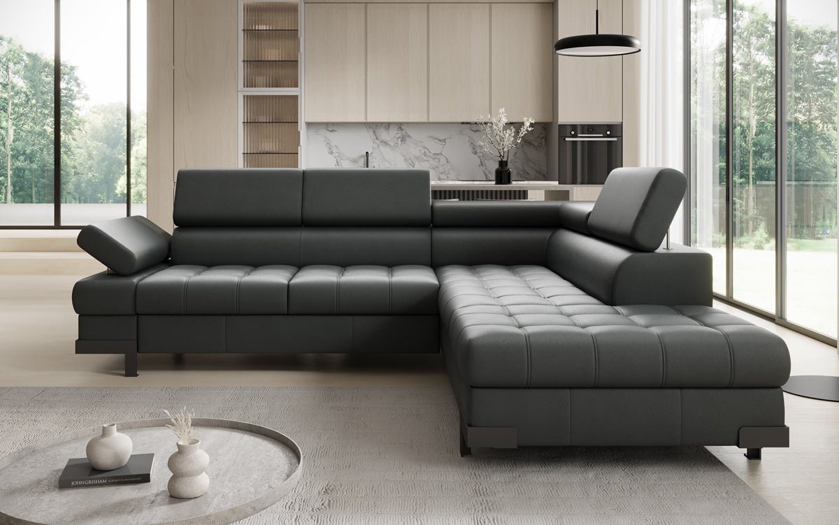 Designer L Sofa Noelia mat Schloffunktioun an Stauraum an Echtläder