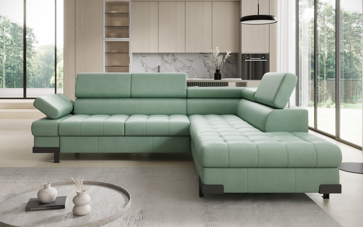 Designer L Sofa Noelia mat Schloffunktioun an Stauraum an Echtläder
