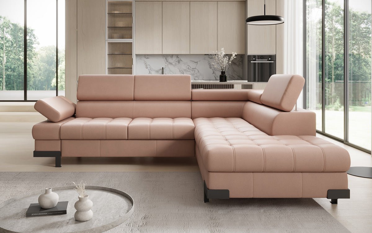 Designer L Sofa Noelia mat Schloffunktioun an Stauraum an Echtläder