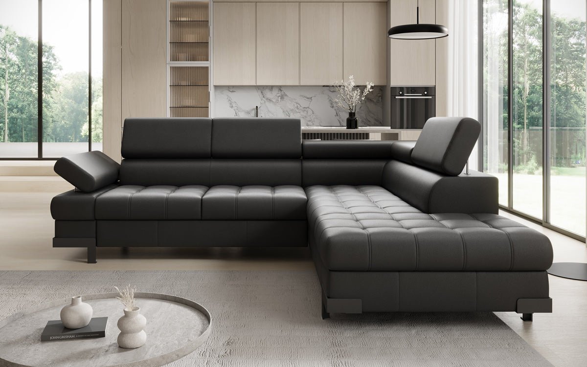 Designer L Sofa Noelia mat Schloffunktioun an Stauraum an Echtläder
