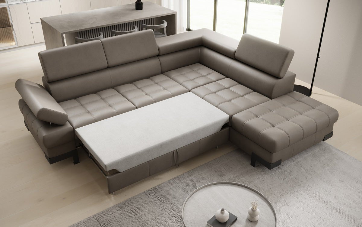 Designer L Sofa Noelia mat Schloffunktioun an Stauraum an Echtläder