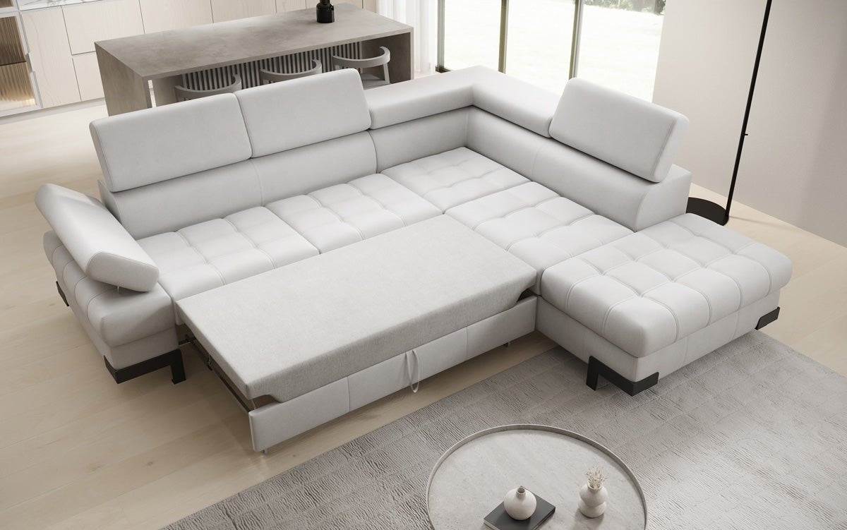 Designer L Sofa Noelia mat Schloffunktioun an Stauraum an Echtläder