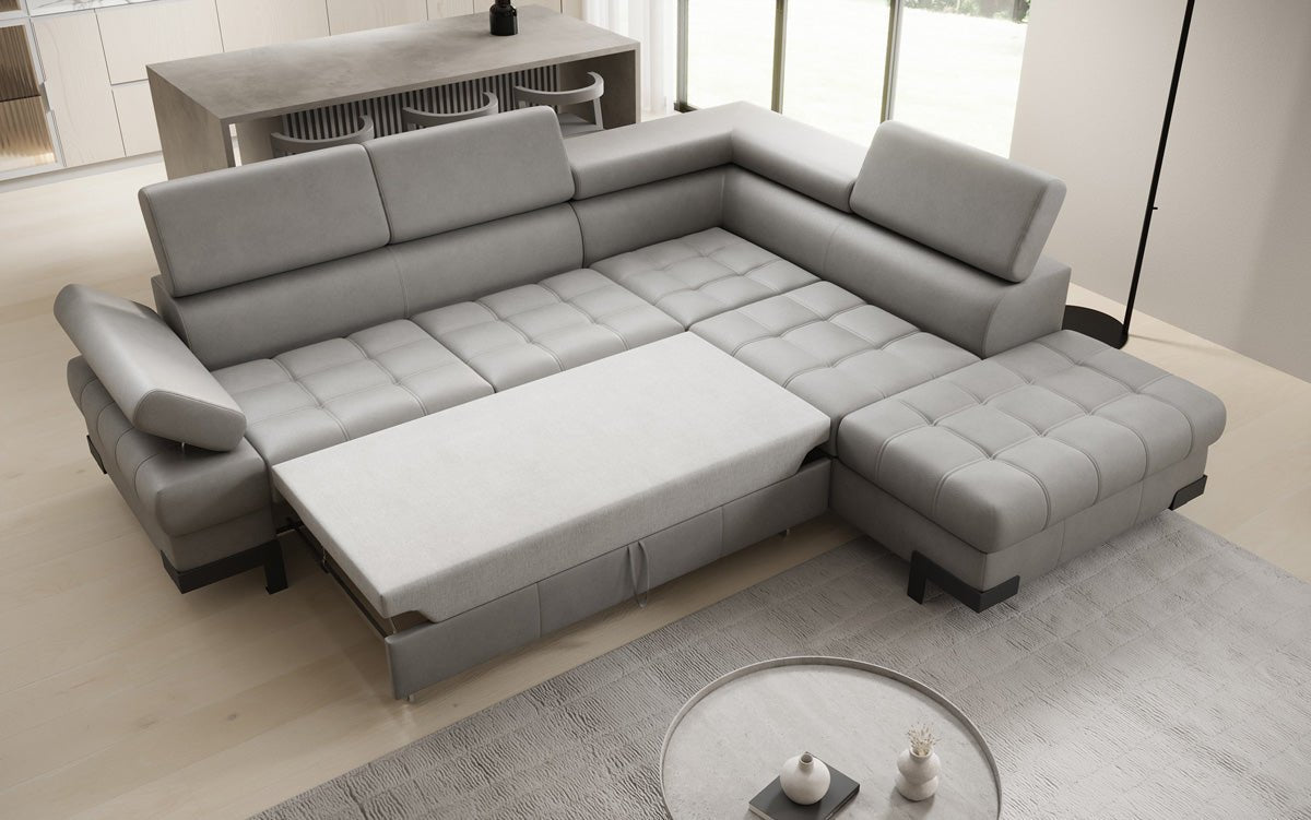 Designer L Sofa Noelia mat Schloffunktioun an Stauraum an Echtläder