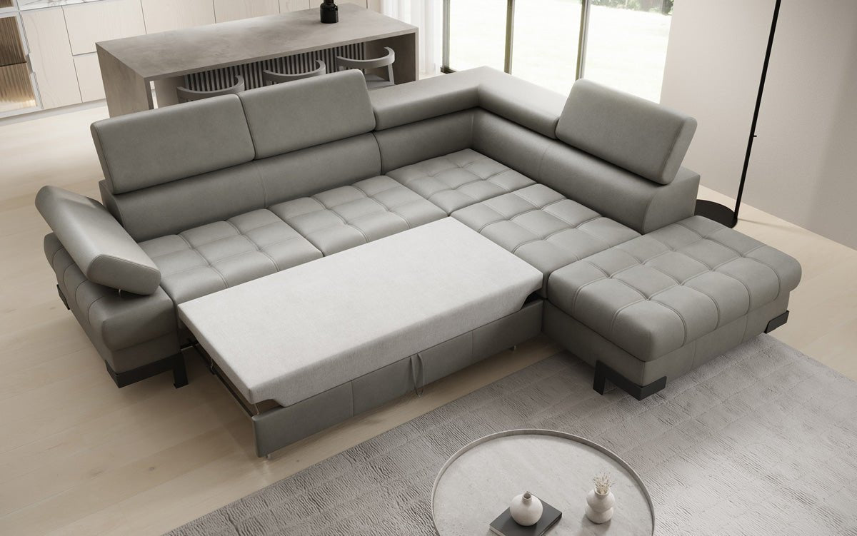 Designer L Sofa Noelia mat Schloffunktioun an Stauraum an Echtläder